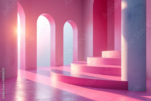 Architectural design of pink arches with stairs in a minimalist setting. Contemporary art installation with warm lighting. Modern architecture and design concept for interior decoration and exhibition