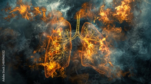 A digital art representation of the lungs with swirling smoke and fire.
