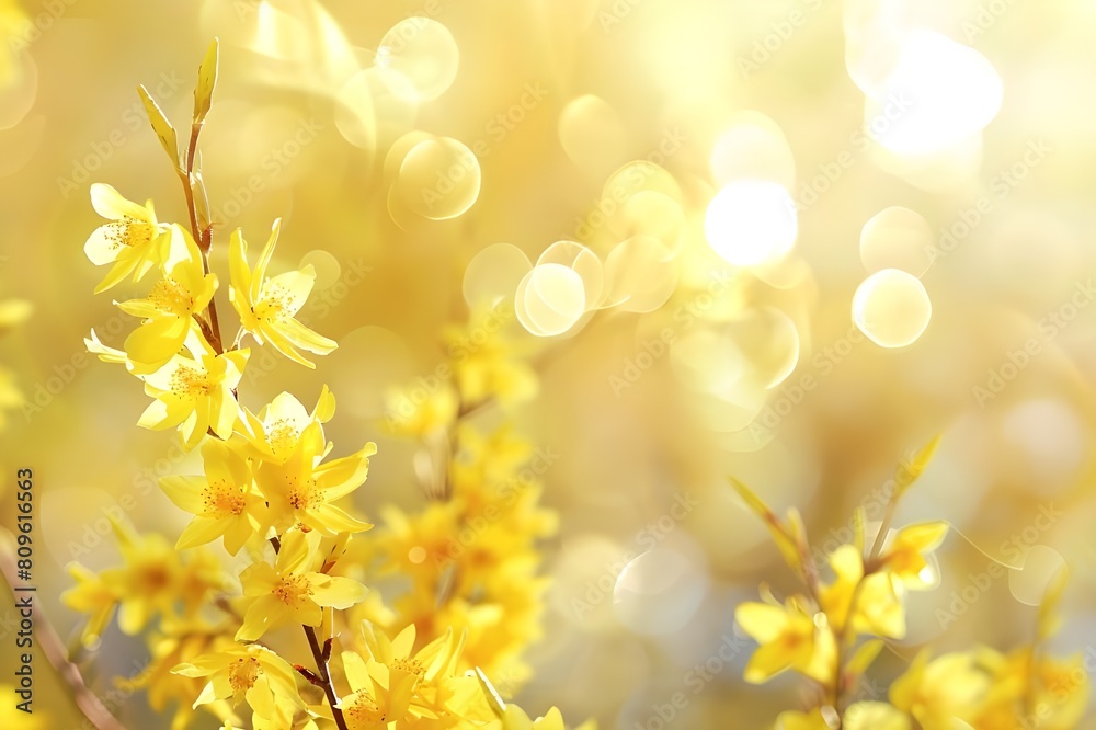 Flowering forsythia in springtime sunshine, floral spring background banner concept with copy space and defocused lights in saturated yellow color