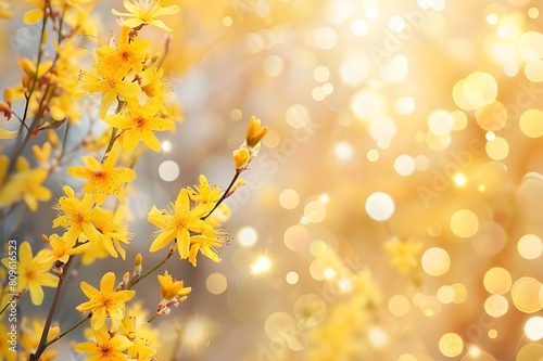 Flowering forsythia in springtime sunshine, floral spring background banner concept with copy space and defocused lights in saturated yellow color © Areesha