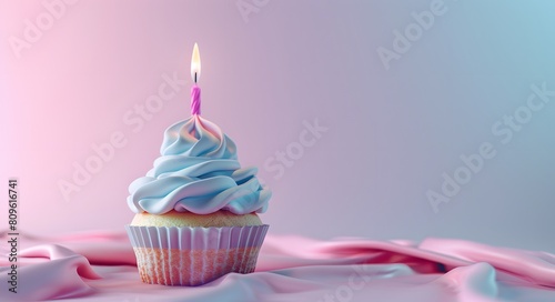 Beautiful birthday cupcake with a burning candle on a pastel background. Birthday concept. Banner with space for text  copy space  3D rendering in the style of 20k  HDR.