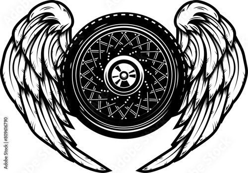 Black and white winged wheel illustration isolated on white background. Design element for emblem, sign, poster, card, badge. Vector illustration © liubov
