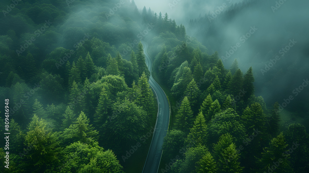 Empty road slicing through dense forest from an aerial perspective. Aerial landscape photography. Environmental exploration and adventure concept. Design for poster, wallpaper