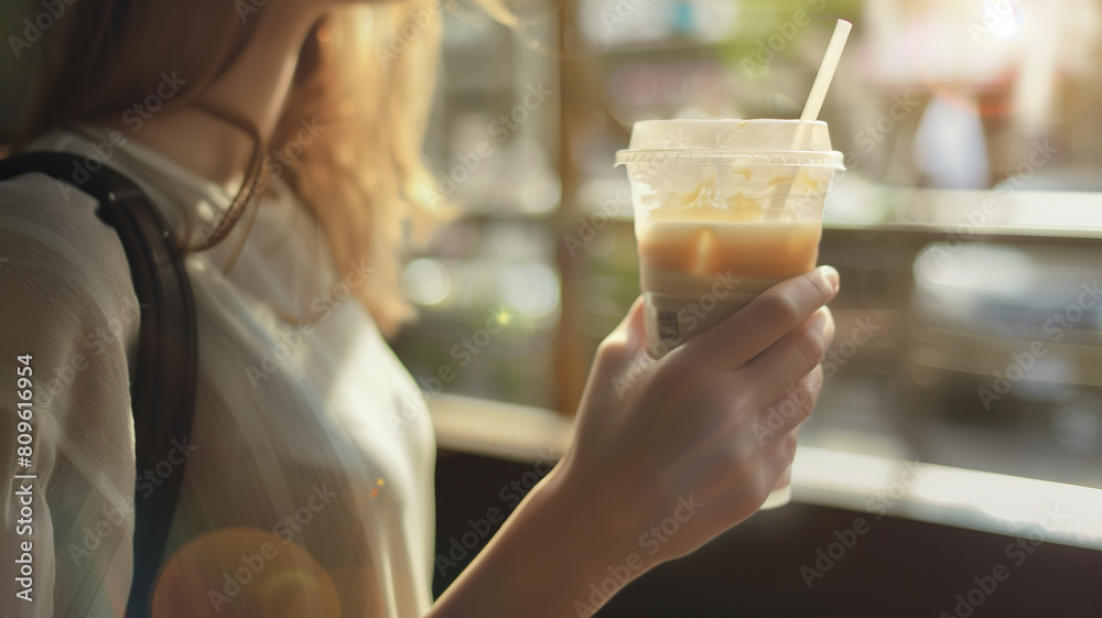 テイクアウトのドリンクを持つ女性の手 カフェ