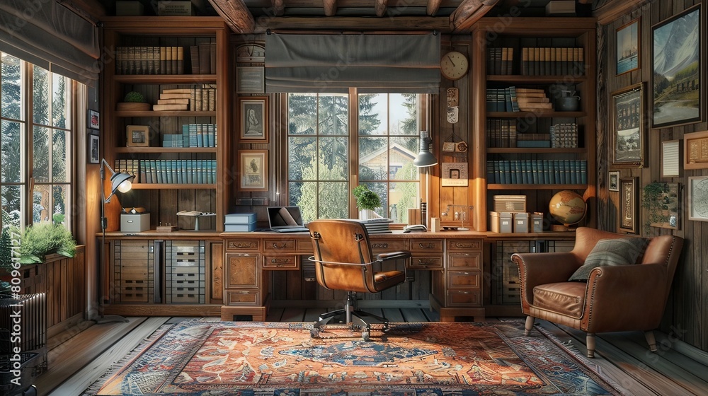 Cozy Rustic Cottage Home Office Workspace with Wooden Furnishings and Shelves