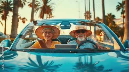 Elderly Couple Enjoying a Ride in their Convertible. Fictional Character Created By Generative AI. 