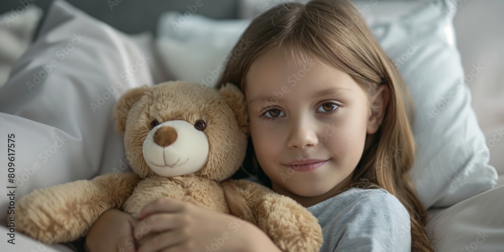 A young girl cuddling with her teddy bear in bed, looking serene and content in a cozy home setting A young girl cuddling with her teddy bear in bed, looking serene and content in a cozy home setting