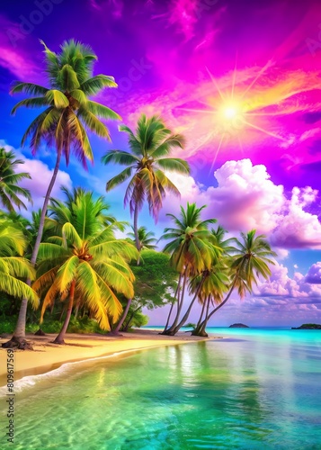 topical lonely island palm trees vibrant colors abstract backgrounds sandy beach 