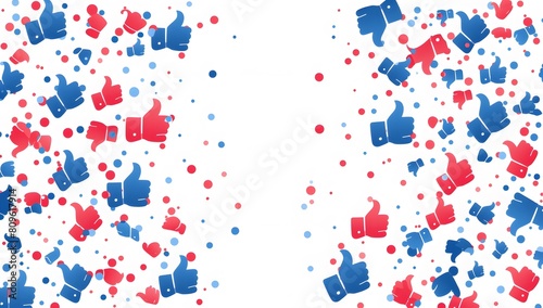 Create an illustration of scattered red and blue thumbsup icons on white background, representing social media lovers like facebook or Instagram