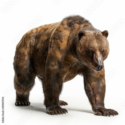 Detailed and realistic illustration of a brown bear in a dynamic pose  isolated against a clean white background  showcasing its impressive physique and fur texture.