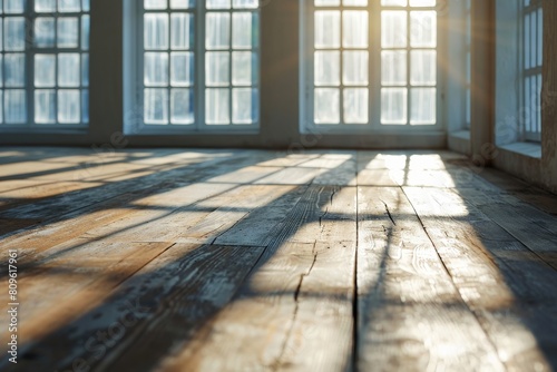 Interior and wood plank floor with  sunlight, Perspective of minimal design architecture, Window and sunlight wallpaper, background for poster, cover, product showcase, AI generated