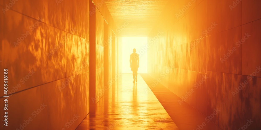 A person's silhouette is seen walking towards the light at the end of an architecturally modern corridor, symbolizing hope or a journey A person's silhouette is seen walking towards the light at the end of an architecturally modern corridor, symbolizing hope or a journey