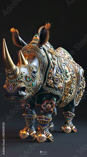 Exquisitely Ornamented Thai Inspired Rhinoceros Sculpture in Regal Pose