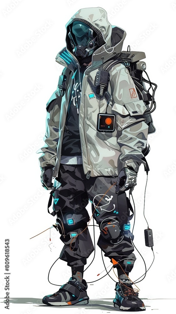 Hacker in Futuristic Gear with Motion and Action on White Background Hacker in Futuristic Gear with Motion and Action on White Background