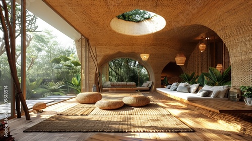 Geometric Bamboo House with Minimalist Interior Design Showcasing Serene and Sustainable Living Space