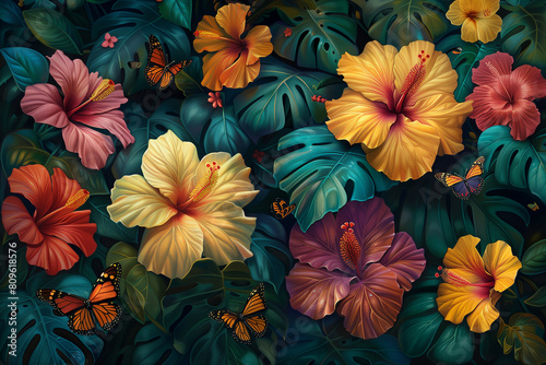 Vibrant tropical flowers and butterflies illustration. Nature and beauty concept. Design for textile  wallpaper  print  gennerlative ai