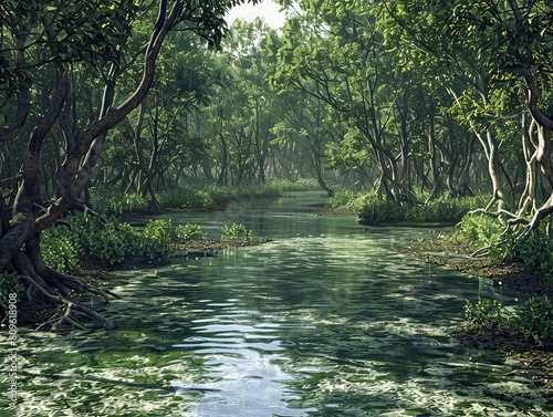 Lush and Tranquil Mangrove Swamp Waterway in Verdant Tropical Ecosystem
