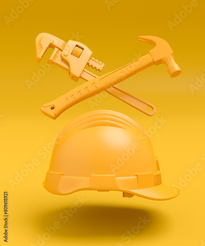 Flying view of monochrome construction tools for repair on multicolor background
