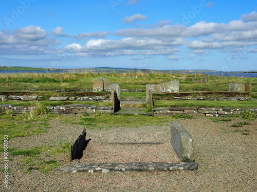 Barnhouse Settlement. Orkney islands. Scotland. The Neolithic Barnhouse Settlement is not far from the Standing Stones of Stenness. This small village is part of th UNESCO World Heritage Site.  photo