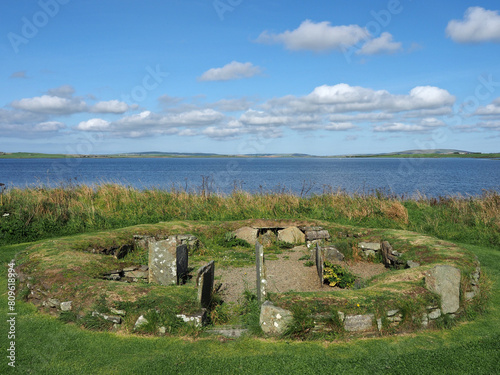 Barnhouse Settlement. Orkney islands. Scotland. The Neolithic Barnhouse Settlement is not far from the Standing Stones of Stenness. This small village is part of th UNESCO World Heritage Site.  photo