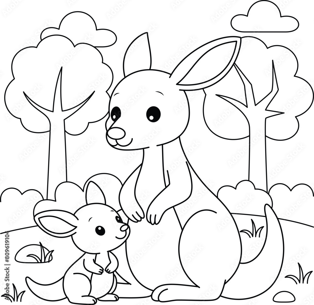 Cute kawaii kangaroo and baby cartoon character coloring page vector ...