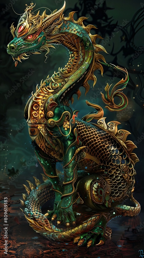 Majestic Steampunk Thai Dragon Ornately Patterned Mythical Serpent in Graceful Pose