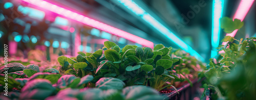 Organic vegetables growing in a greenhouse with neon light. Selective focus.