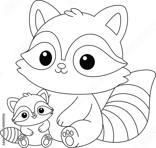 Cute kawaii raccoon and baby cartoon character coloring page vector illustration. Wild animal, mothers day colouring page for kids
