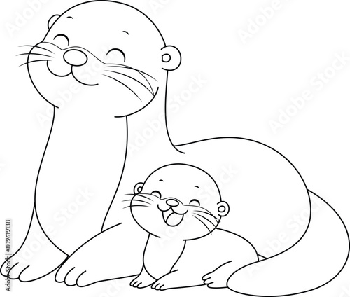 Cute kawaii otter and baby cartoon character coloring page vector illustration. Wild animal, mothers day colouring page for kids
