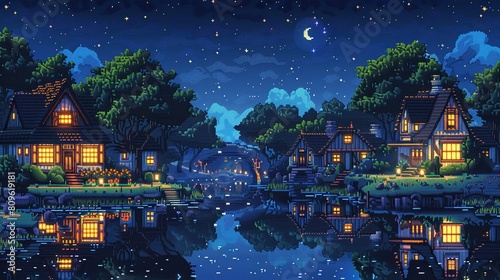 2d pixel art of night village