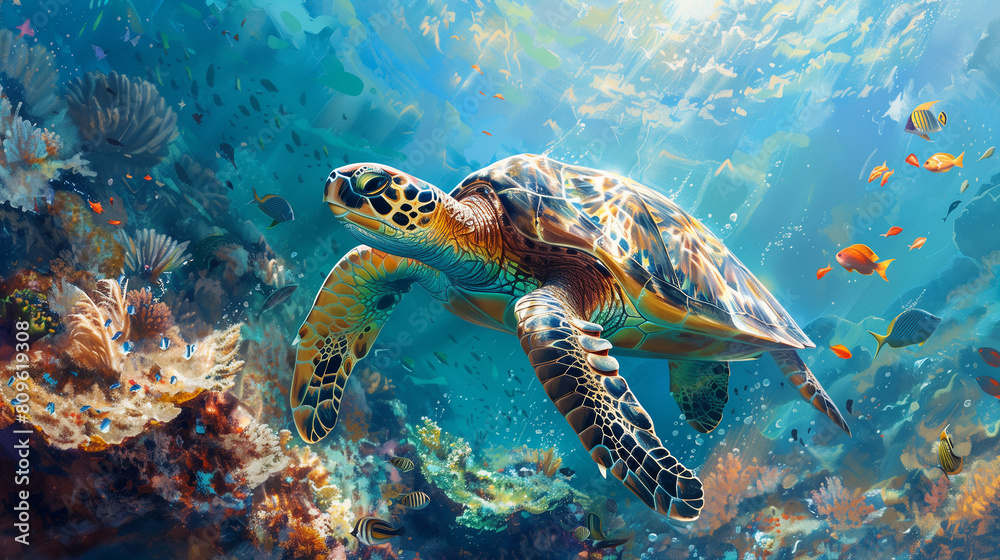 Sea turtle swimming with tropical fish in a vibrant coral reef. Marine life and underwater ecosystem concept. Design for environmental poster, educational material, gennerlative ai Sea turtle swimming with tropical fish in a vibrant coral reef. Marine life and underwater ecosystem concept. Design for environmental poster, educational material, gennerlative ai
