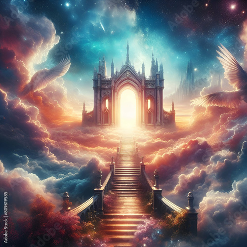 beautiful heavenly paradise cloudscape entering the pearly gates of heaven staircase to heaven castle in the sky photo