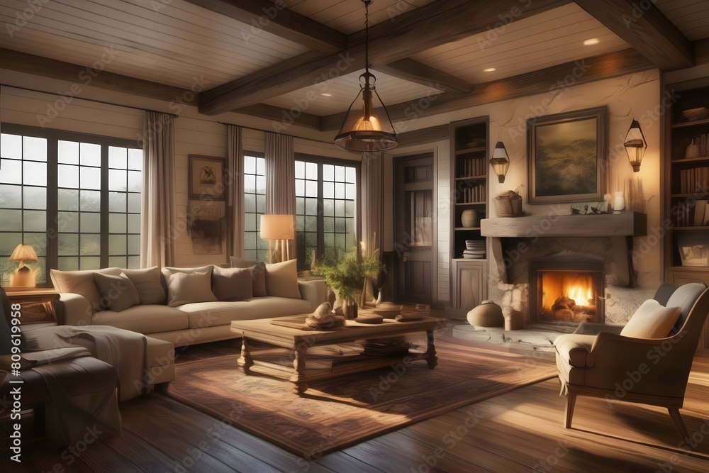 Experience the charm of a modern farmhouse living room, with rustic details, warm lighting, and intricate woodworking accents, portrayed in a cinematic digital painting. A masterpiece. Experience the charm of a modern farmhouse living room, with rustic details, warm lighting, and intricate woodworking accents, portrayed in a cinematic digital painting. A masterpiece.