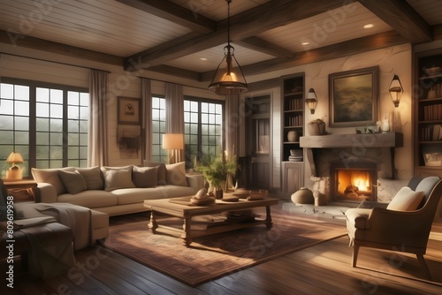Experience the charm of a modern farmhouse living room, with rustic details, warm lighting, and intricate woodworking accents, portrayed in a cinematic digital painting. A masterpiece. © OzCam