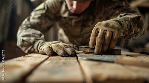 soldier in camouflage uniform sitting near wooden box with hands on blurred background. army concept.