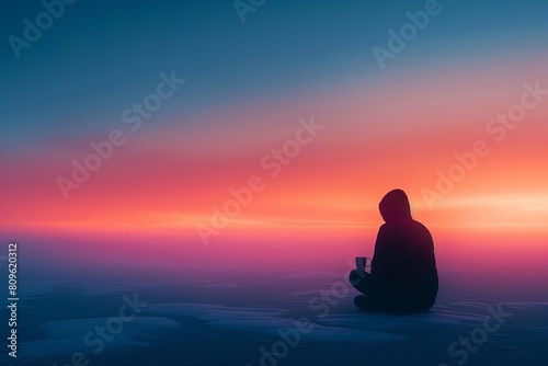 A lone figure sits on a glacier  watching the sunset