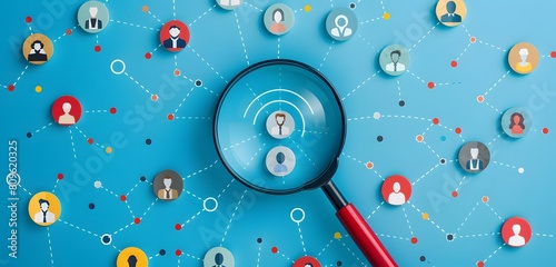 Magnifying collector with target and people icons on blue background. Horizontally panoramic view of magnifying glass, social network connection concept.  photo