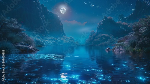 Serene Bioluminescent Abyss A Captivating Underwater Landscape Illuminated by the Glow of the Moon