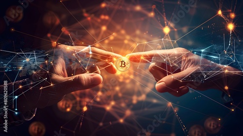 peer-to-peer transactions with an image of two people exchanging cryptocurrency using mobile devices, demonstrating the direct and efficient nature of blockchain transfers. photo
