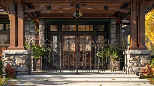 The entrance of a craftsman house with intricate wrought iron gate and grillwork under the shelter of a porch. photo