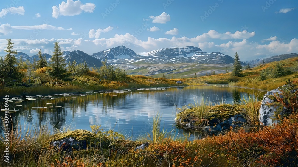 Tranquil Arctic Tundra Pond Reflecting Majestic Snow Capped Mountains