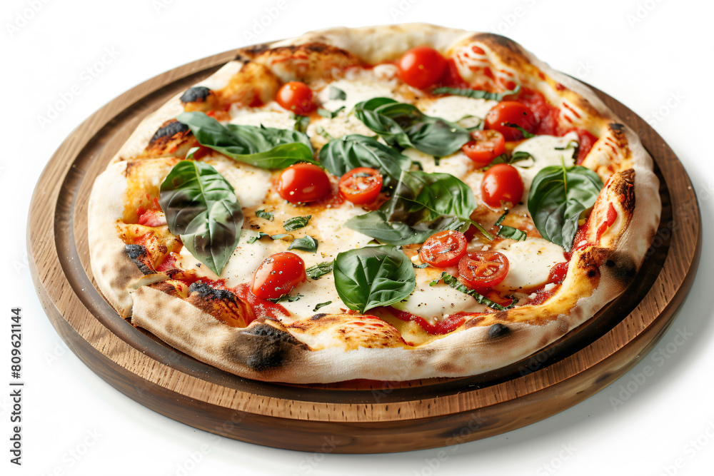 a pizza with tomatoes  basil and cheese on a wooden plate