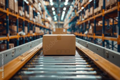 Cardboard box on conveyor belt in a distribution warehouse. Industrial logistics and shipping concept. Design for poster, banner ,gennerlative ai