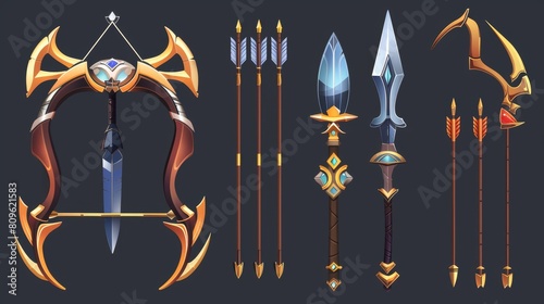 Cartoon modern set of wooden and metallic archers and bowstrings. Fantasy weapon for RPG new level rewards. Archery bow with arrow of various complexity and decor element for game ui level rank. photo