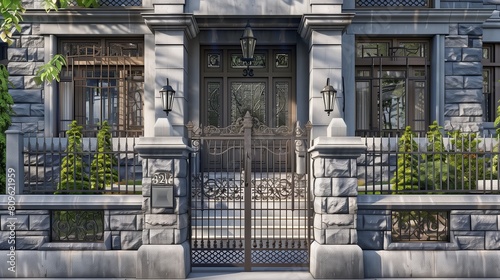 Front view of a slate grey craftsman house with ornate rod gate and window grills, perfect for an upscale neighborhood.