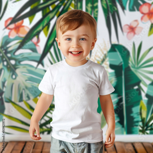 Baby clothes mockup with Hawaiian party background, child in white clothes