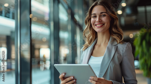 Happy smile face Business person with tablet in hand