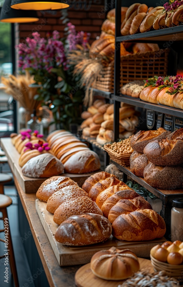 Fototapeta premium Bakery showcasing an array of fresh breads with prominent signage