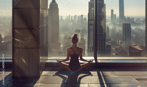 Donna che pratica yoga, balla. Calma, relax e consapevolezza. photo