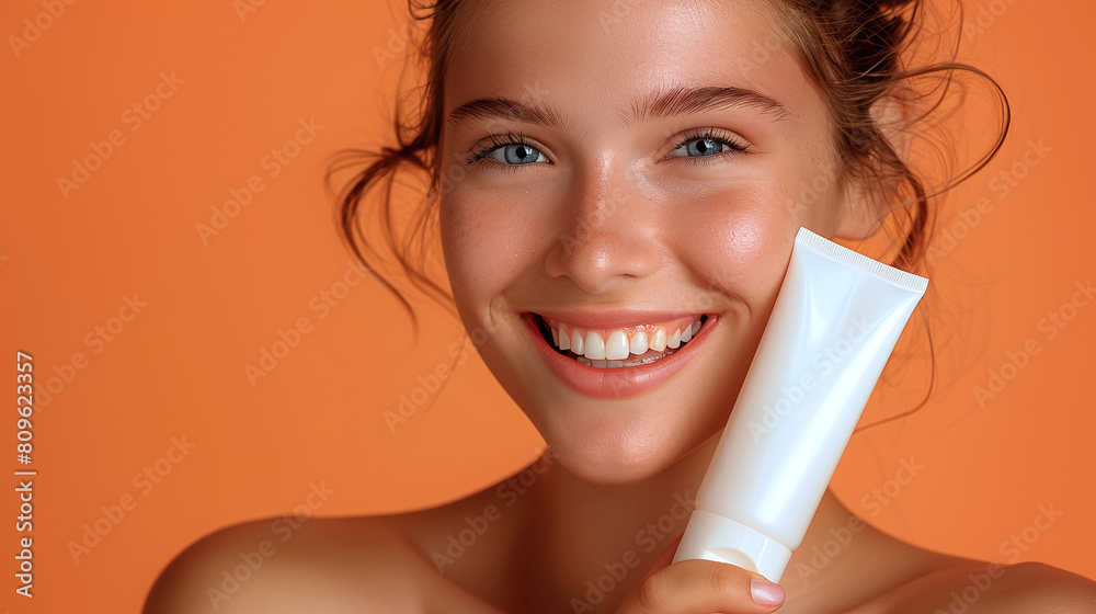 close-up photography of a smiling young caucasian woman with clear skin, holding a white blank skin care tube, on orange background. Put your logo or brand label. close-up photography of a smiling young caucasian woman with clear skin, holding a white blank skin care tube, on orange background. Put your logo or brand label.
